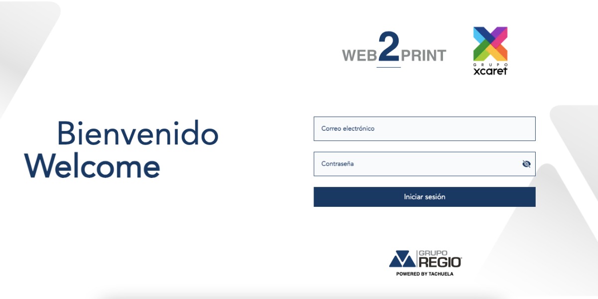 Pantalla de inicio de sesión Web2Print de Grupo Regio y Grupo Xcaret, plataforma para gestión de impresos.