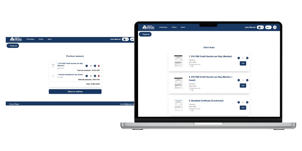 Interfaz Web2Print de Grupo Regio mostrando órdenes y vouchers en pantalla de laptop para administración de impresos.