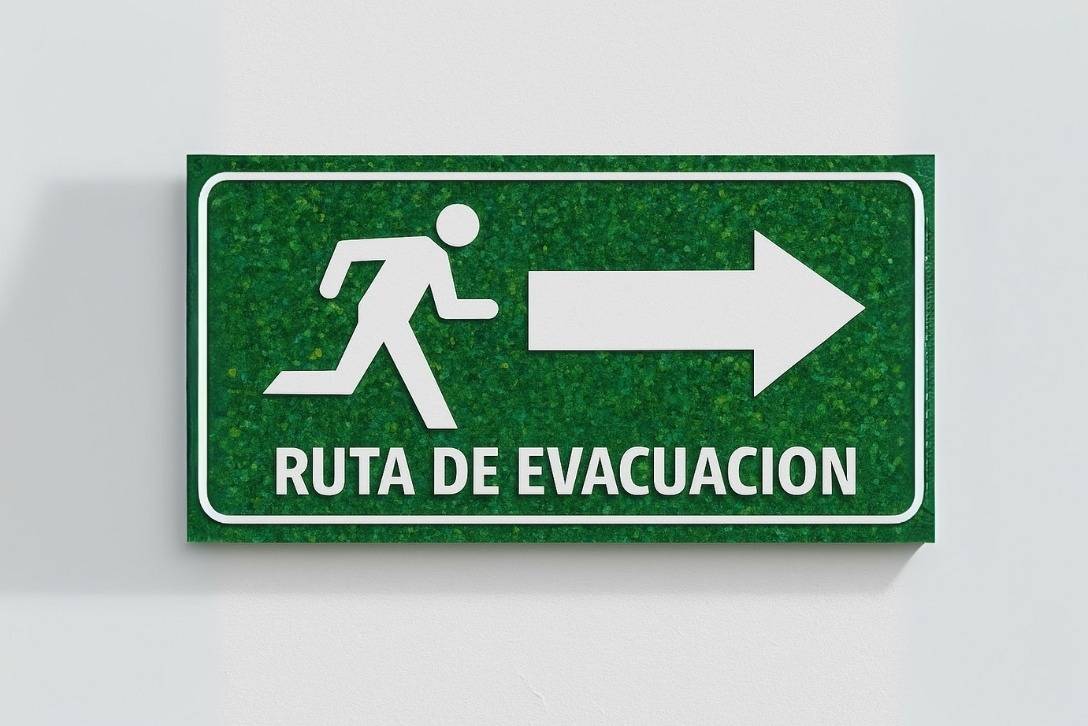 Letrero ecológico de ruta de evacuación elaborado con materiales reciclados, parte de la señalética sustentable de Sign Factory.